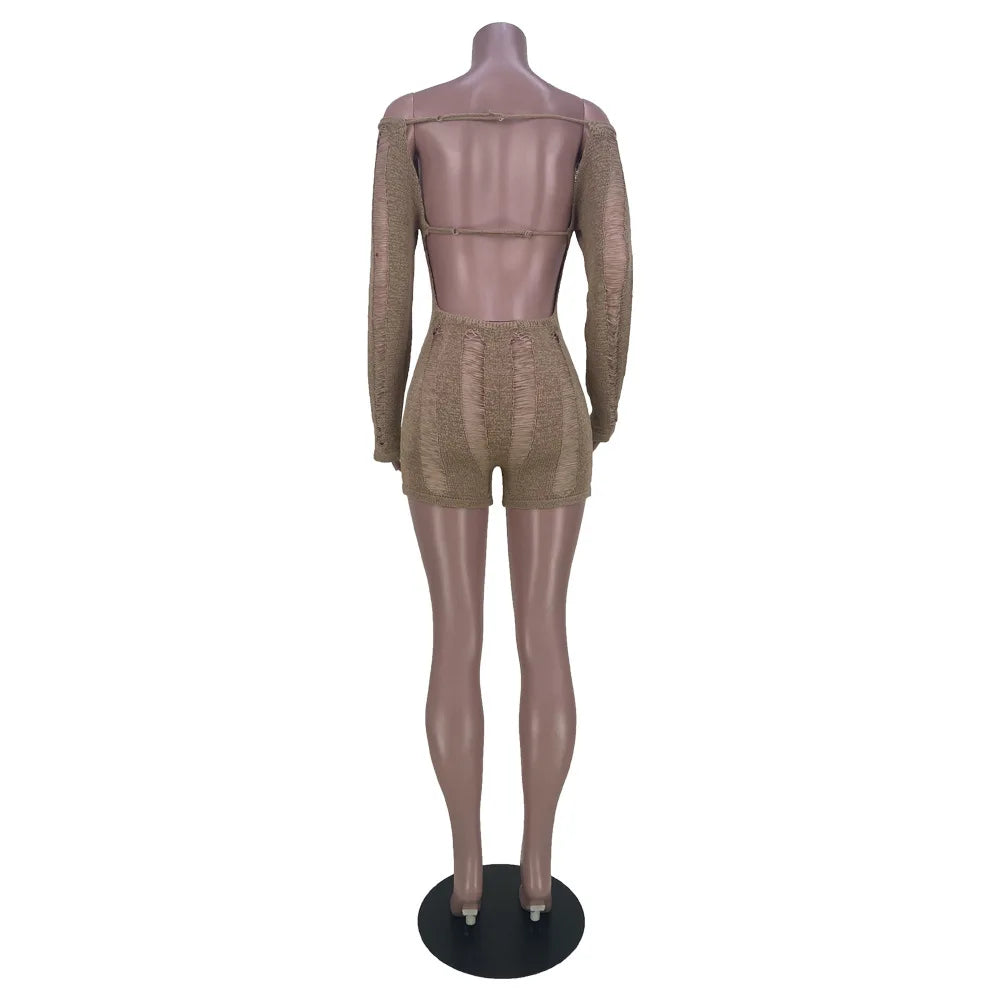 Leosoxs Rip Romper Women See Through Summer One Word Collar Backless Sexy Skinny Fitness Playsuit Activity Party Clubwear