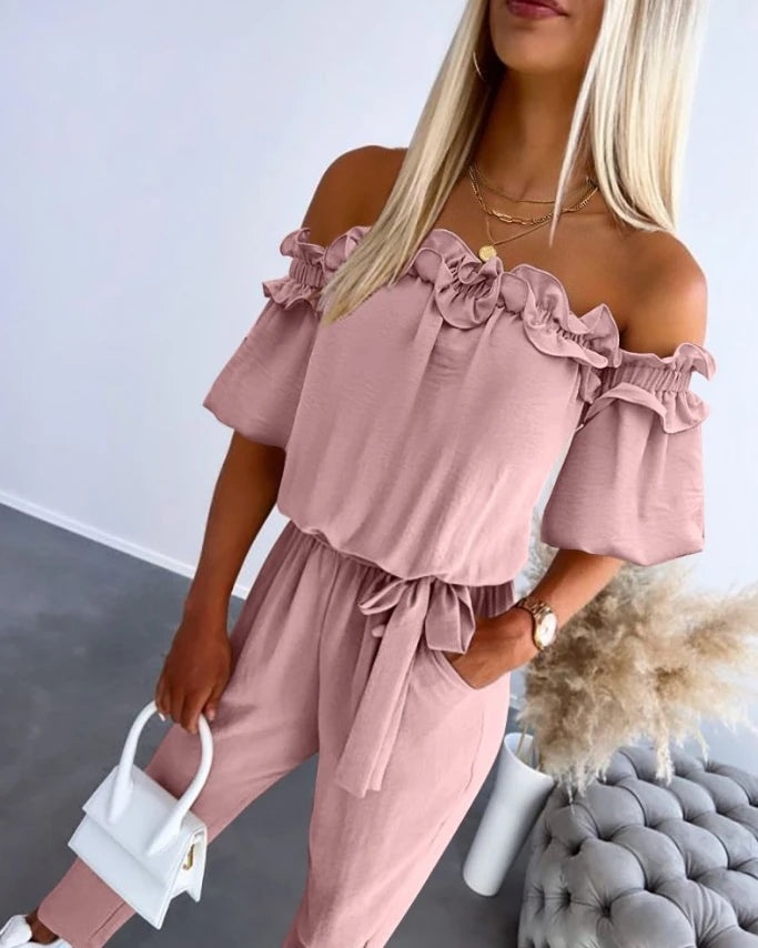 Women's Urban Style Romper Bodysuit 2025 Spring Summer Latest Sweet High Waist Off Shoulder Frill Hem Tied Detail Jumpsuit