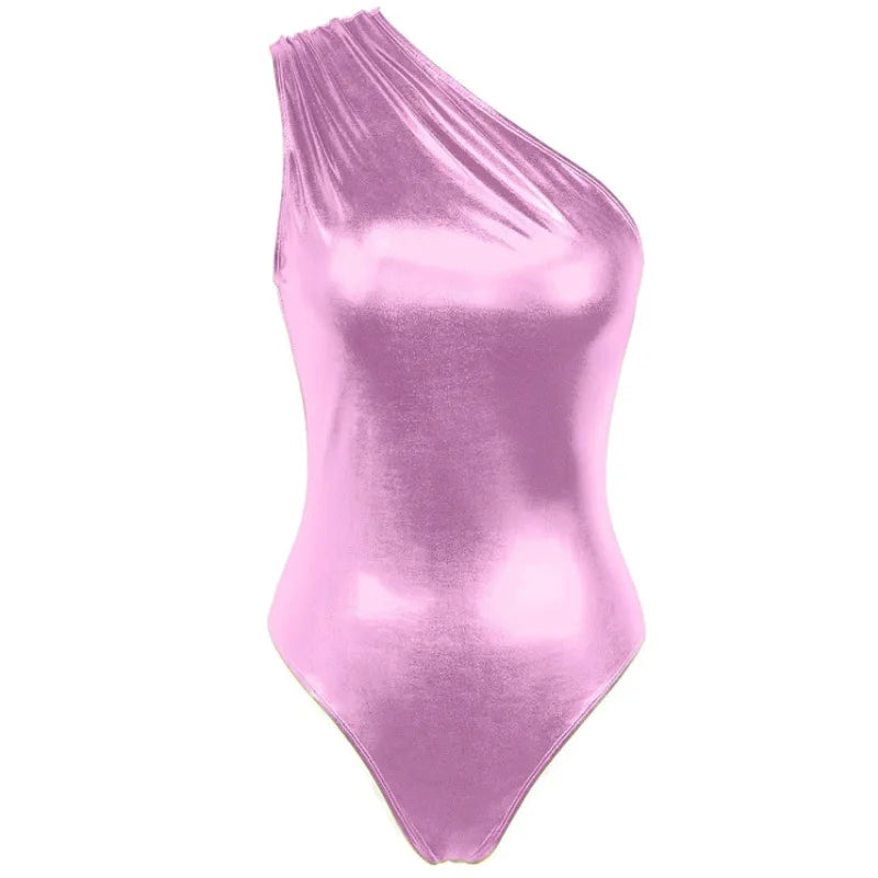 Women's Rompers Slanted Shoulder Onesie Patent Leather Retro Metallic Luster Nightclub Sexy Party Sleeveless Jumpsuit for Women