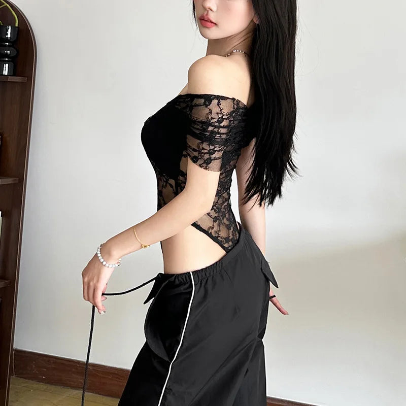 Solid Bodysuit Off Shoulder Lingerie Sexy Body Feminino See Through Lace One-pieces Bustier Black Tops Women Festival Outfits