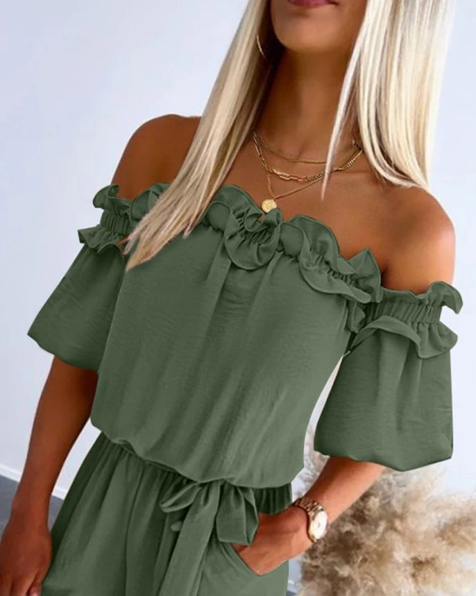 Women's Urban Style Romper Bodysuit 2025 Spring Summer Latest Sweet High Waist Off Shoulder Frill Hem Tied Detail Jumpsuit