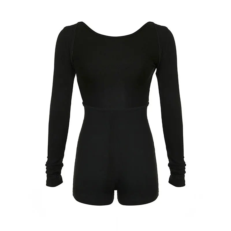 Spring Women's Rompers Streetwear New Fashion Long Sleeves Casual Slim Jumpsuits Black Sexy Hollow Out Backless Female Clothing
