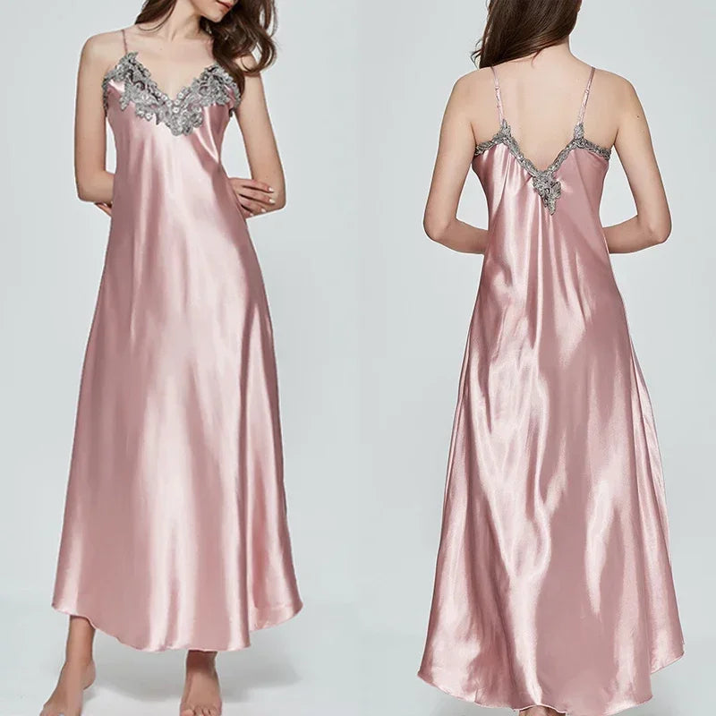 Ladies Night Long Hot Dress Womens Satin Silk Lace Sleeveless Embroidery Sexy Costumes Exotic Pajamas Favorite Life Interest