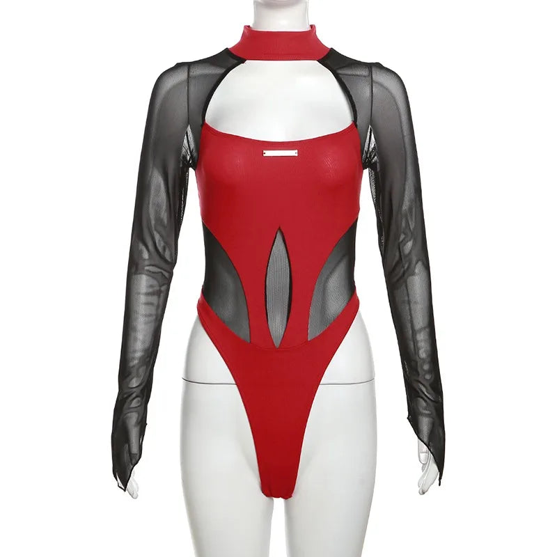 Sexy Hollow Out Bodysuit Woman Summer Mesh Splicing Backless Hottie Long-Sleeve High Collar Top Chic Skinny Clubwear Bodysuits