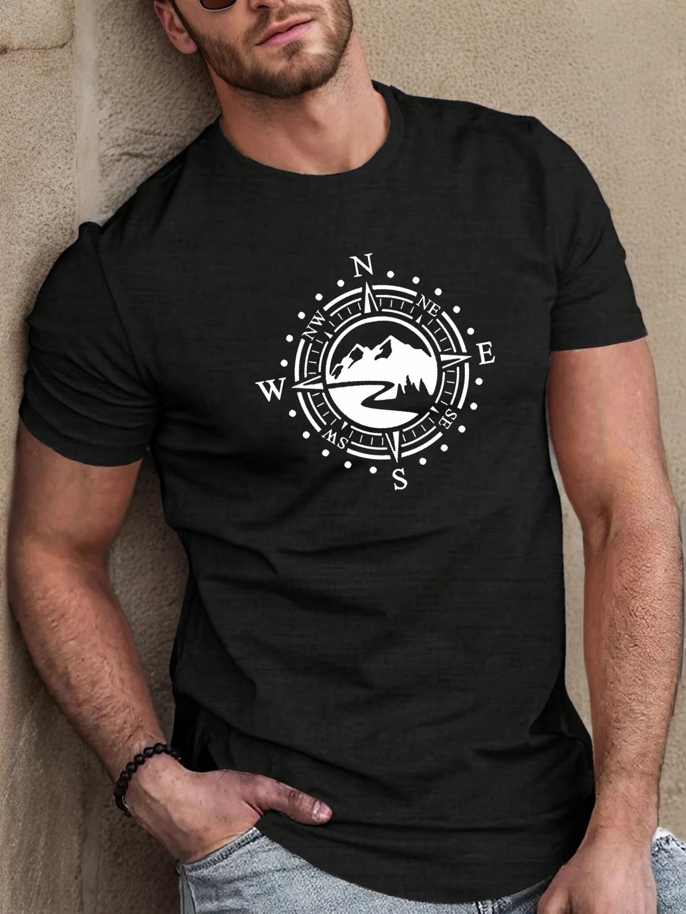 Men's summer 100 cotton fashionable casual loose plus size Compass pattern printed sports round neck short sleeved T-shirt top