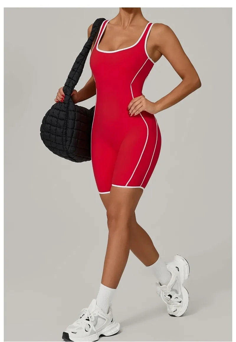 New Women's Seamless Yoga Romper - Fashion Open Back Color Contrast Sculpting Butt-Lifting Bodysuit for Running Gym Workout