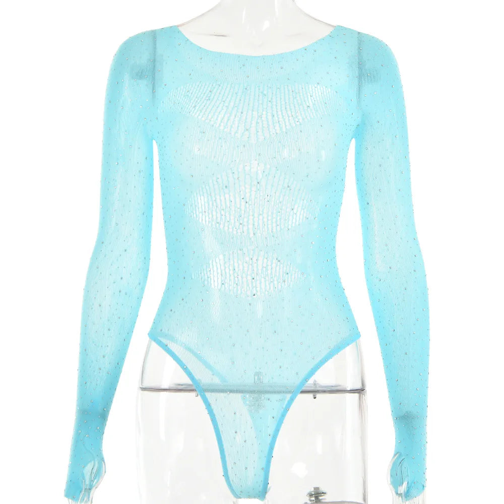 Long sleeve bodysuits sexy Summer outfit body suits women y2k clothes black bodysuit knitted rhinestone body suits seethrough