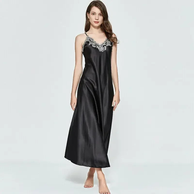 Ladies Night Long Hot Dress Womens Satin Silk Lace Sleeveless Embroidery Sexy Costumes Exotic Pajamas Favorite Life Interest