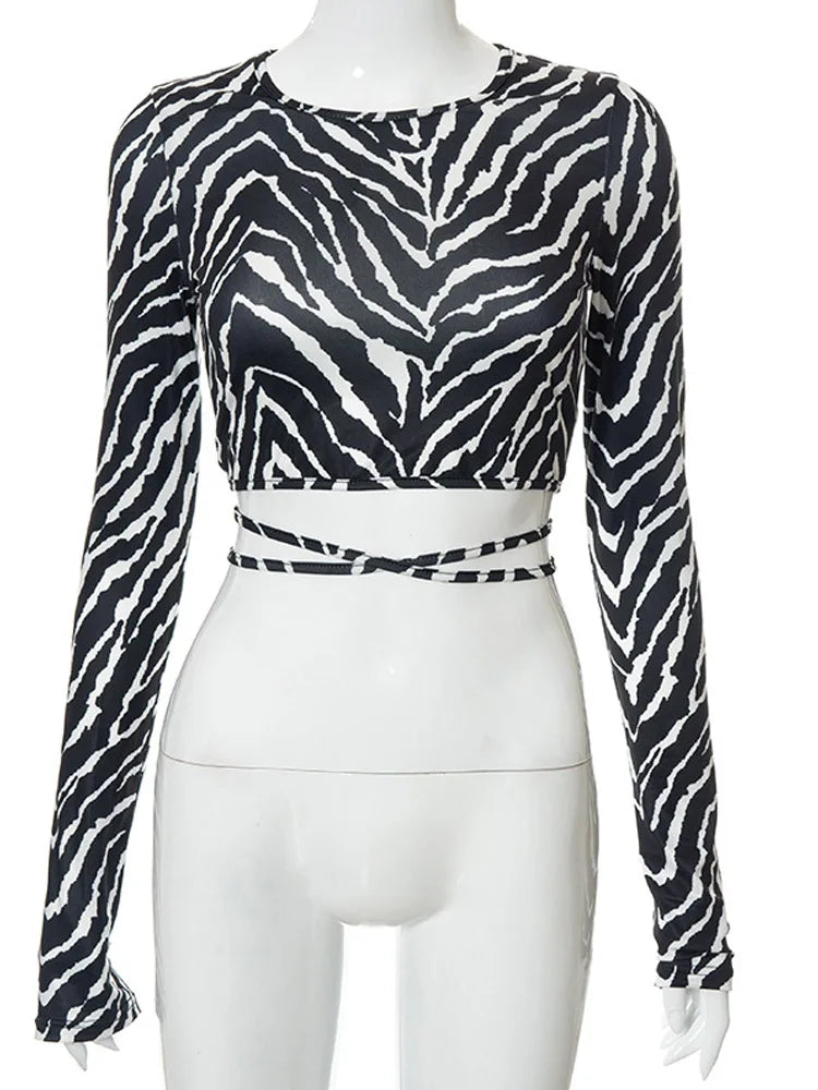 Sexy Backless Lace ups Pullover Tees Women Autumn Black O-neck Slim Longsleeve Short T-Shirt