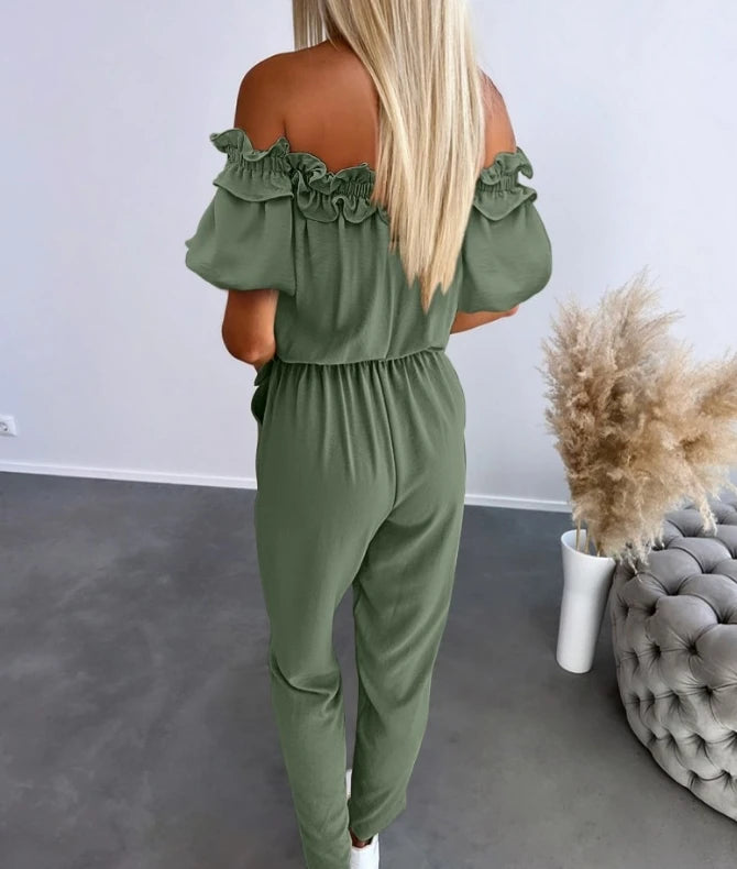 Women's Urban Style Romper Bodysuit 2025 Spring Summer Latest Sweet High Waist Off Shoulder Frill Hem Tied Detail Jumpsuit