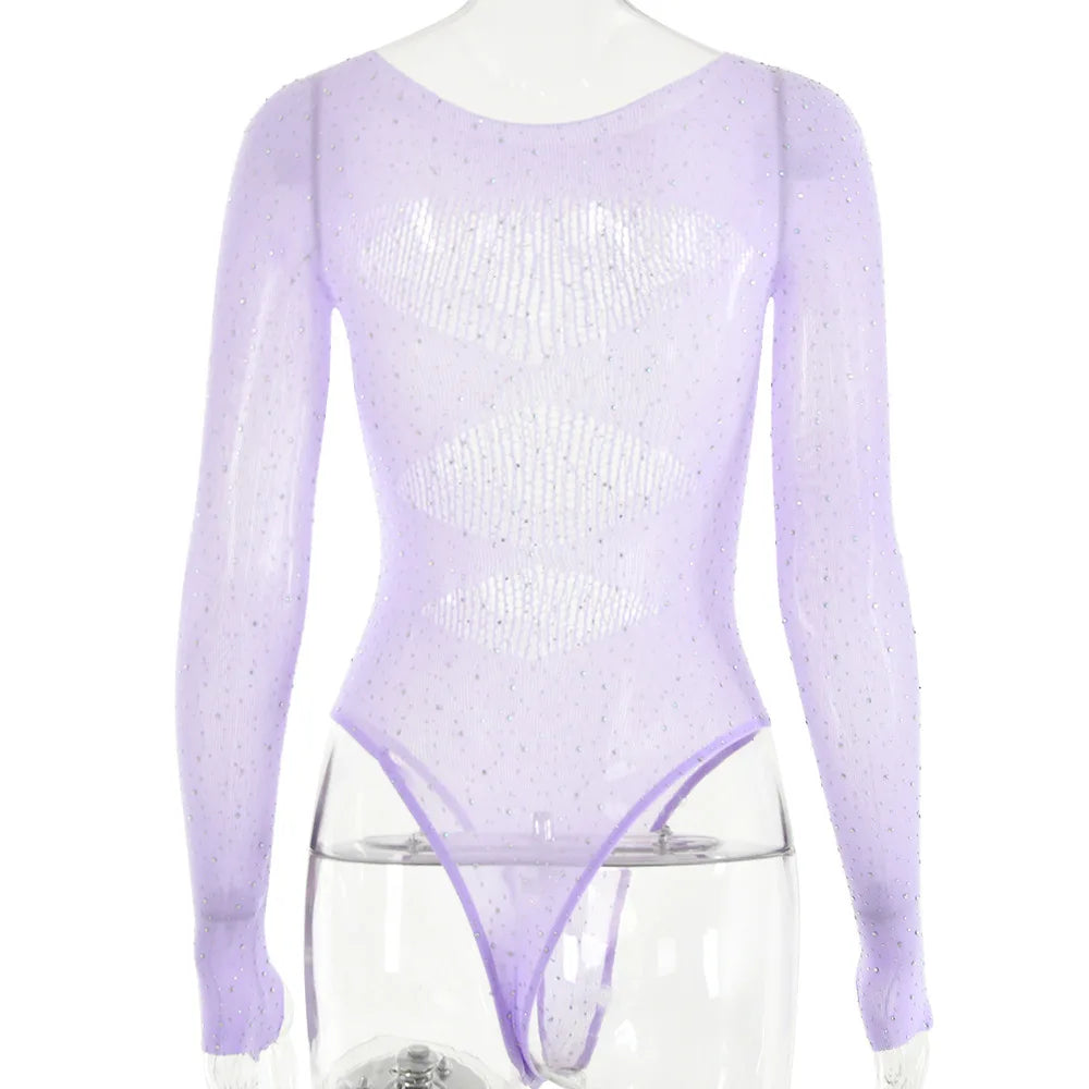Long sleeve bodysuits sexy Summer outfit body suits women y2k clothes black bodysuit knitted rhinestone body suits seethrough