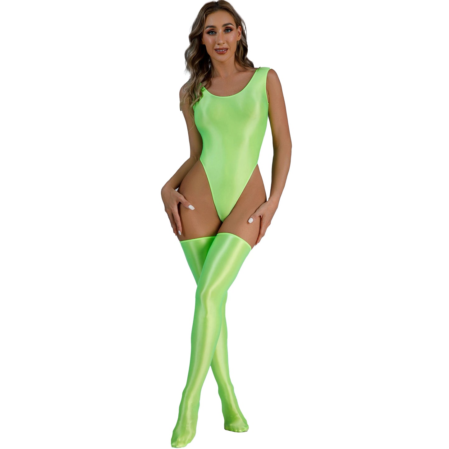 Womens Glossy Bodysuit Swimsuit Solid Color Mock Neck Sleeveless Leotard with Thigh High Stockings Swimwear Nightwear Clubwear