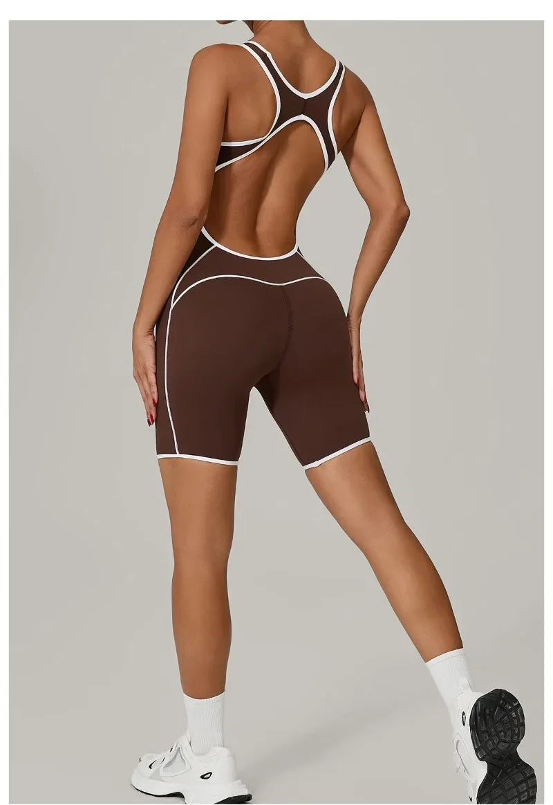 New Women's Seamless Yoga Romper - Fashion Open Back Color Contrast Sculpting Butt-Lifting Bodysuit for Running Gym Workout