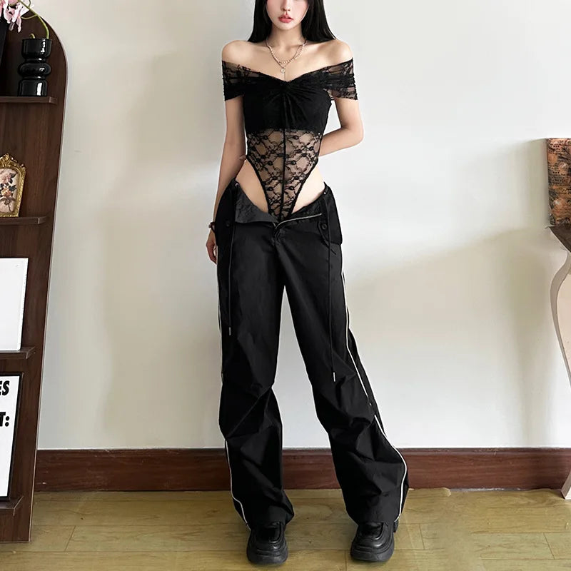Solid Bodysuit Off Shoulder Lingerie Sexy Body Feminino See Through Lace One-pieces Bustier Black Tops Women Festival Outfits