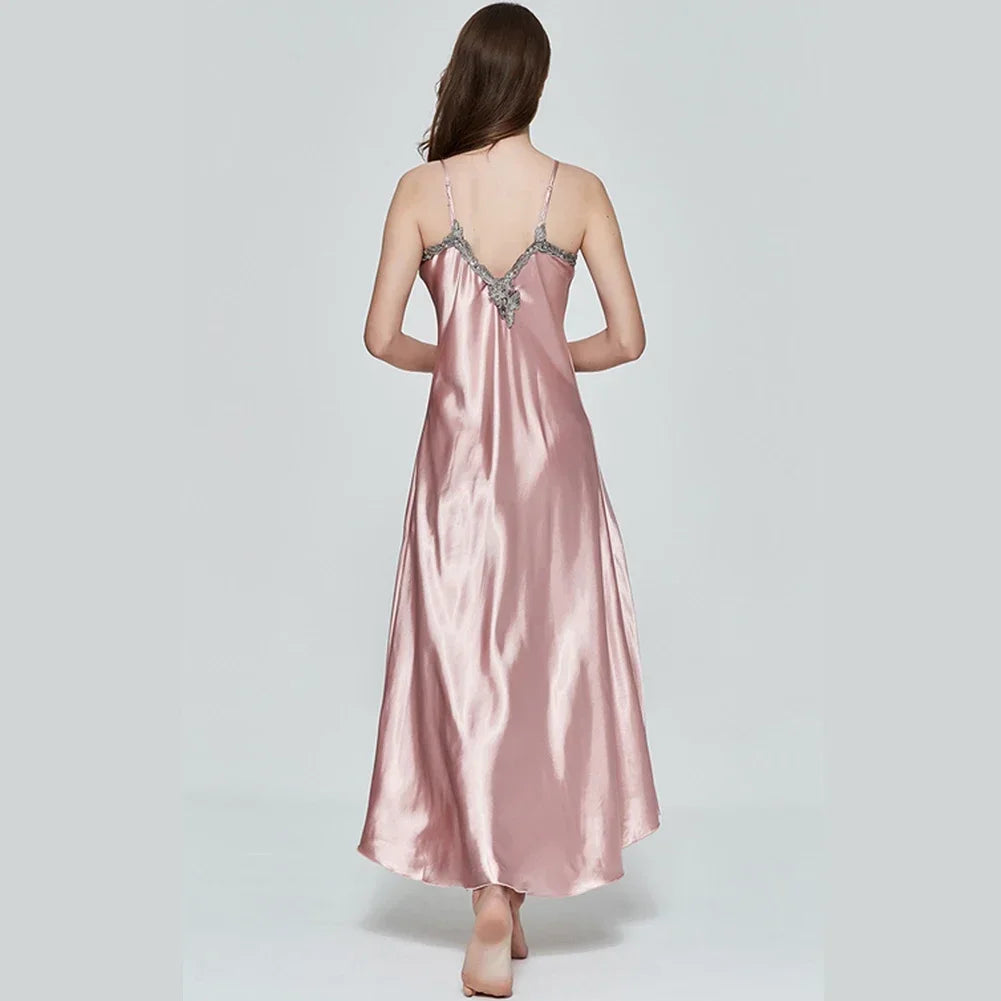 Ladies Night Long Hot Dress Womens Satin Silk Lace Sleeveless Embroidery Sexy Costumes Exotic Pajamas Favorite Life Interest