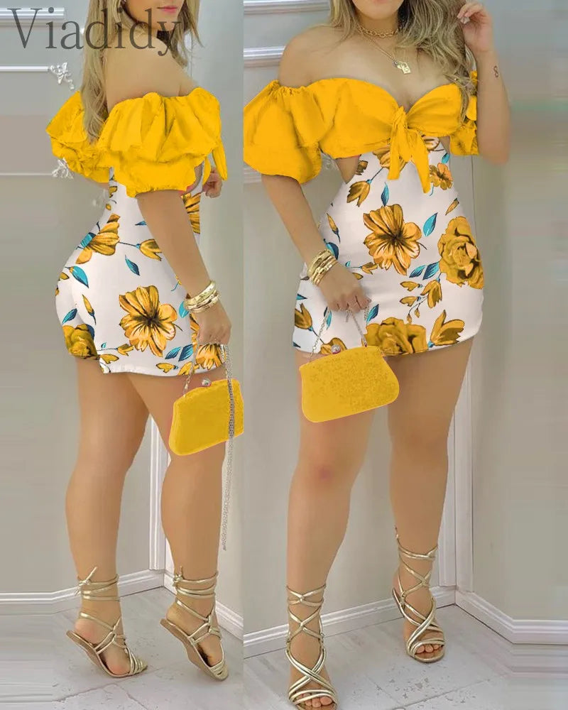 2021 Women Summer Off Shoulder Floral Print Ruffles Cutout Design Romper Knotted Puff Sleeve Skinny Playsuits