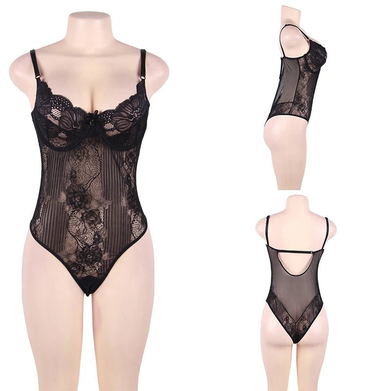 Big Size Lace Bodysuit Body Femme Hot Teddy Lingerie Transparent Sexy Outfits Mesh Bodysuit Thong Jumpsuit Overalls Party