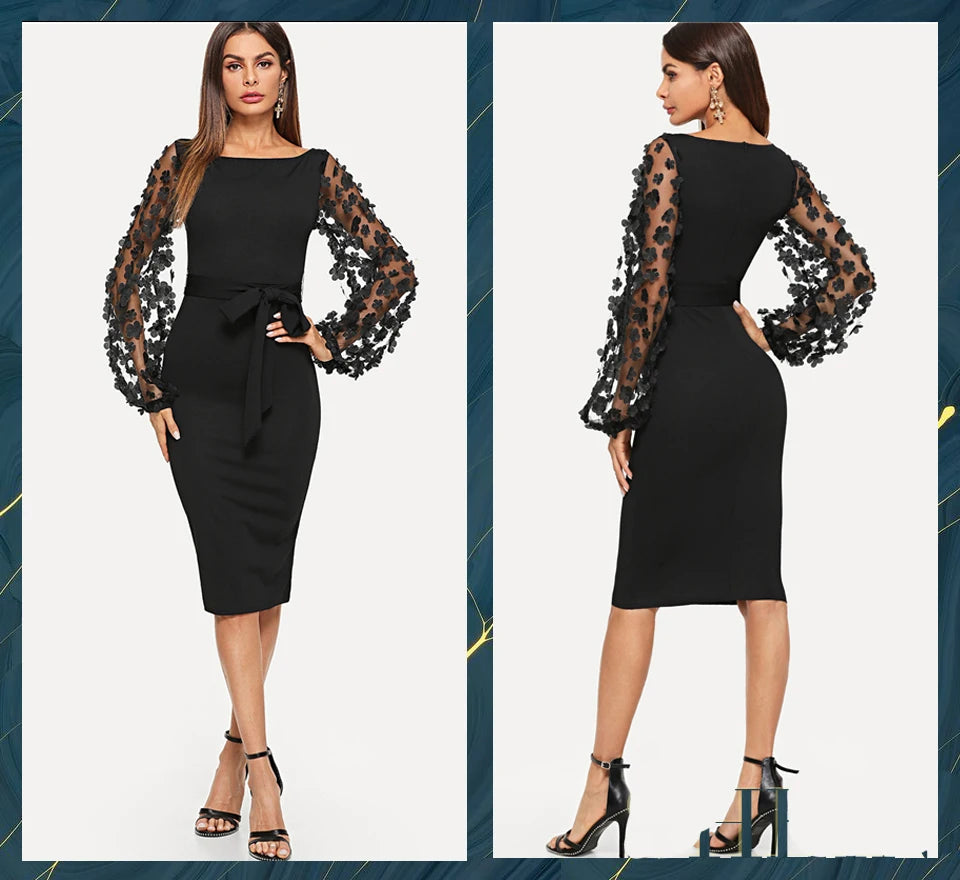 Elegant Women Dress Lace Flower Applique Contrast Mesh Sleeve Matching Form Belted Solid Mini Dress Streetwear Party Dresses