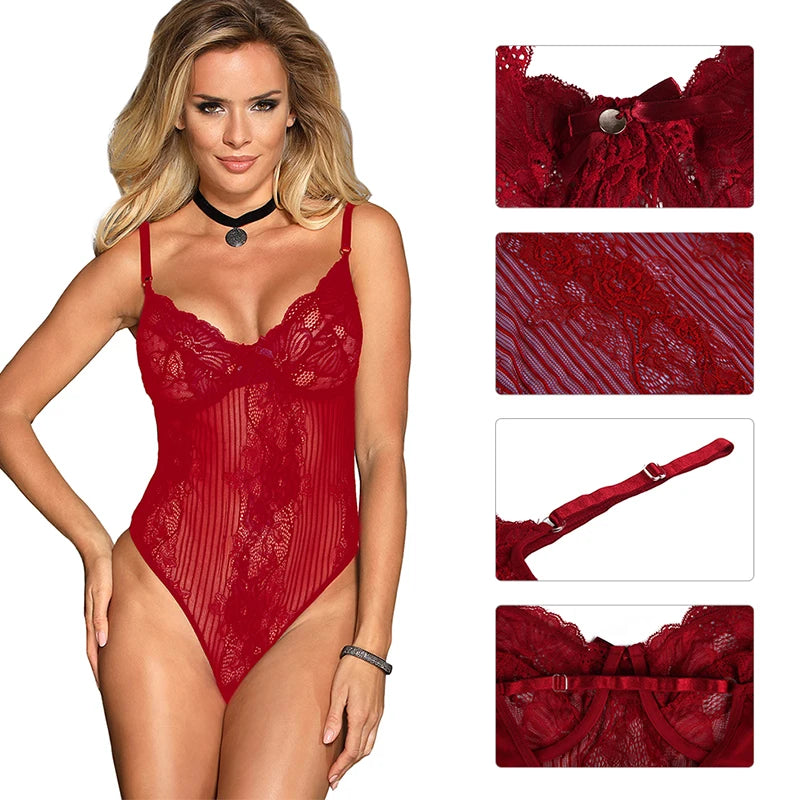Big Size Lace Bodysuit Body Femme Hot Teddy Lingerie Transparent Sexy Outfits Mesh Bodysuit Thong Jumpsuit Overalls Party