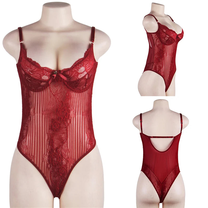 Big Size Lace Bodysuit Body Femme Hot Teddy Lingerie Transparent Sexy Outfits Mesh Bodysuit Thong Jumpsuit Overalls Party