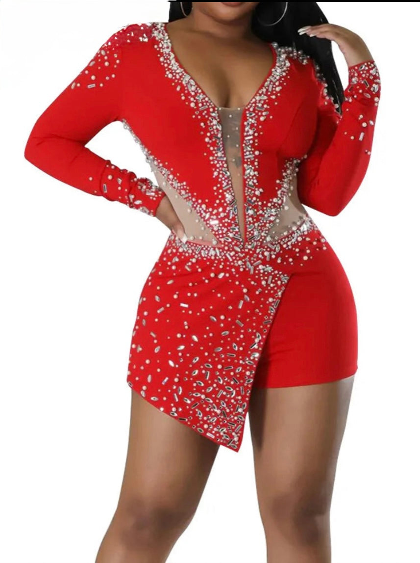 Women Sexy Rompers V-Neck Mesh Rhinestone Skinny Long Sleeve Playsuits