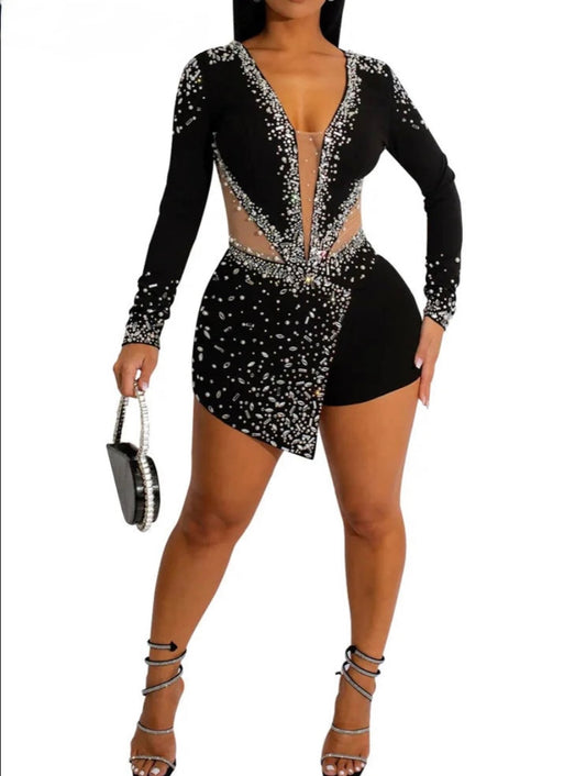 Women Sexy Rompers V-Neck Mesh Rhinestone Skinny Long Sleeve Playsuits