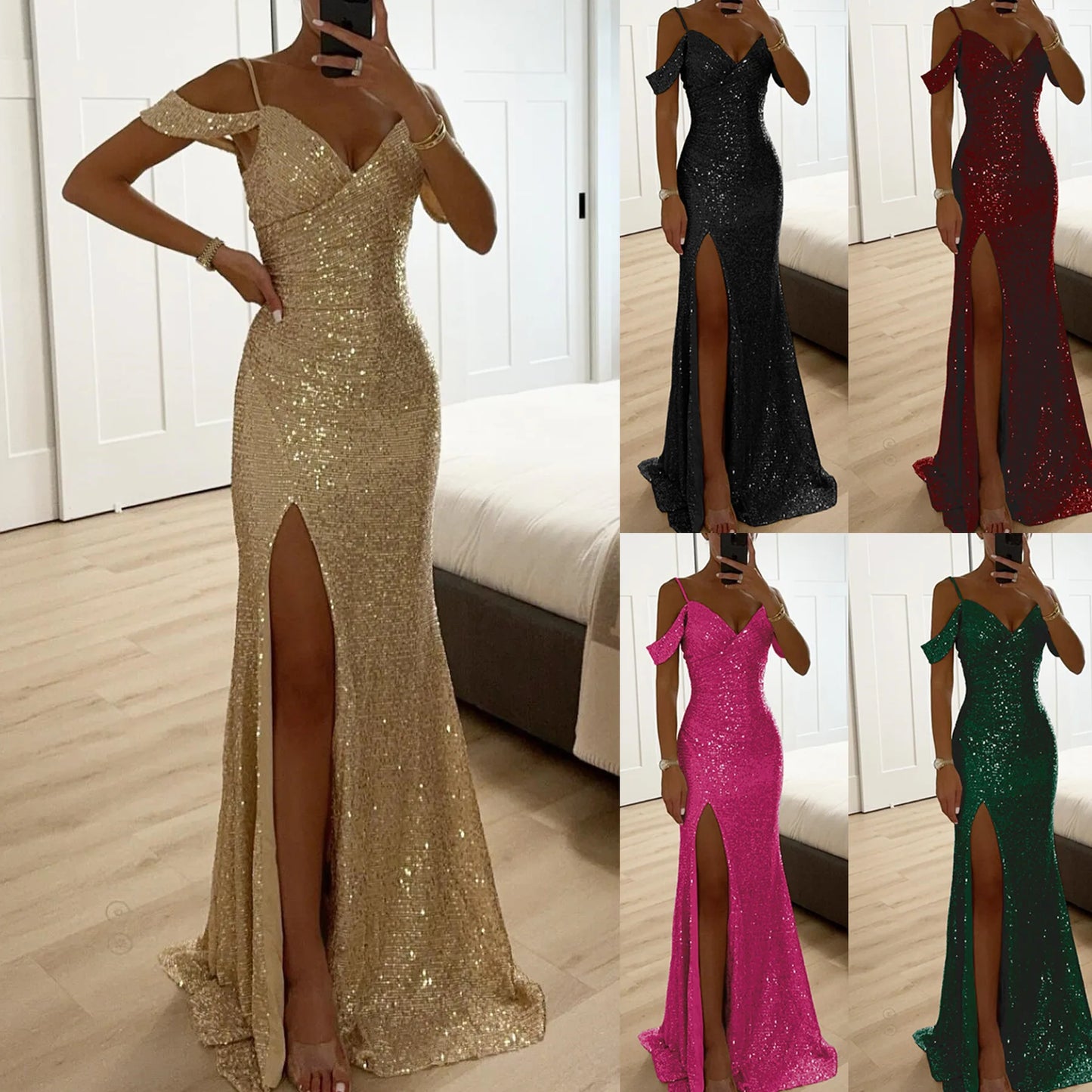 Ladies Fashion V Neck Shiny Sequin Party Dress Elegant Wrap Chest Slim Long Dress 2025 Casual Solid Color Split Evening Dresses