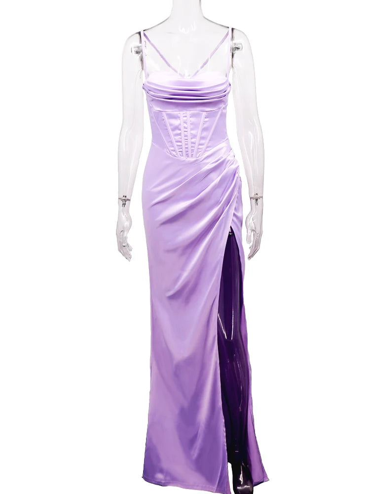 New Summer Prom Dress Women'S Sling Sleeveless Solid Color Dress One Word Neck Slim Fit Open Back Slit Red Sexy Dress