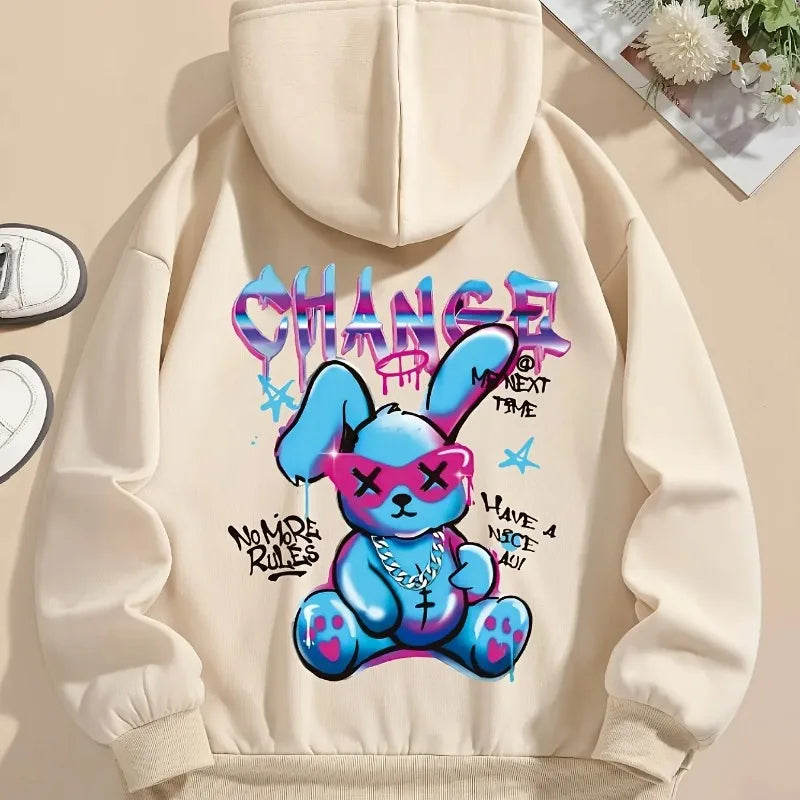 Rabbit print hoodie drawstring casual hooded sweatshirt men and women street style hoodie top