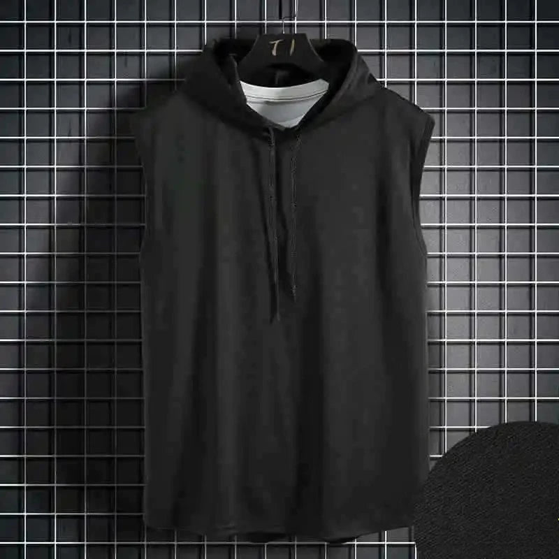 Men Tie Collar Hooded Sleeveless Vests Male Summer Loose Solid Hip Hop Tee Shirt Tops