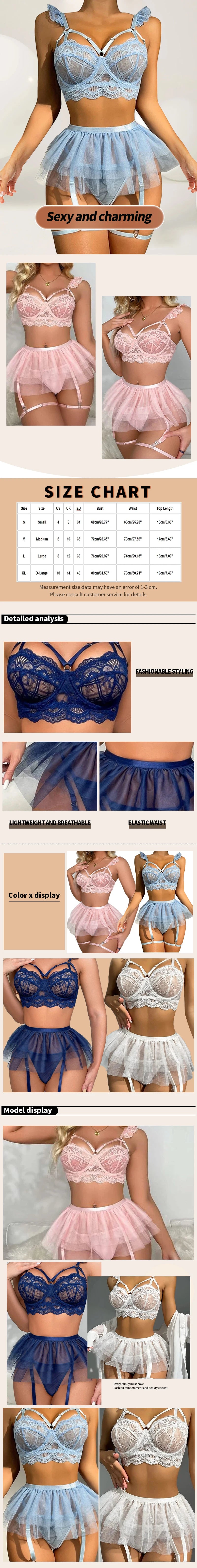 Sexy Lingerie Set for Women Lace with Garter Belt & Push up Bra Floral Ruffle Skirt Babydoll Wireless Erotic Lingerie