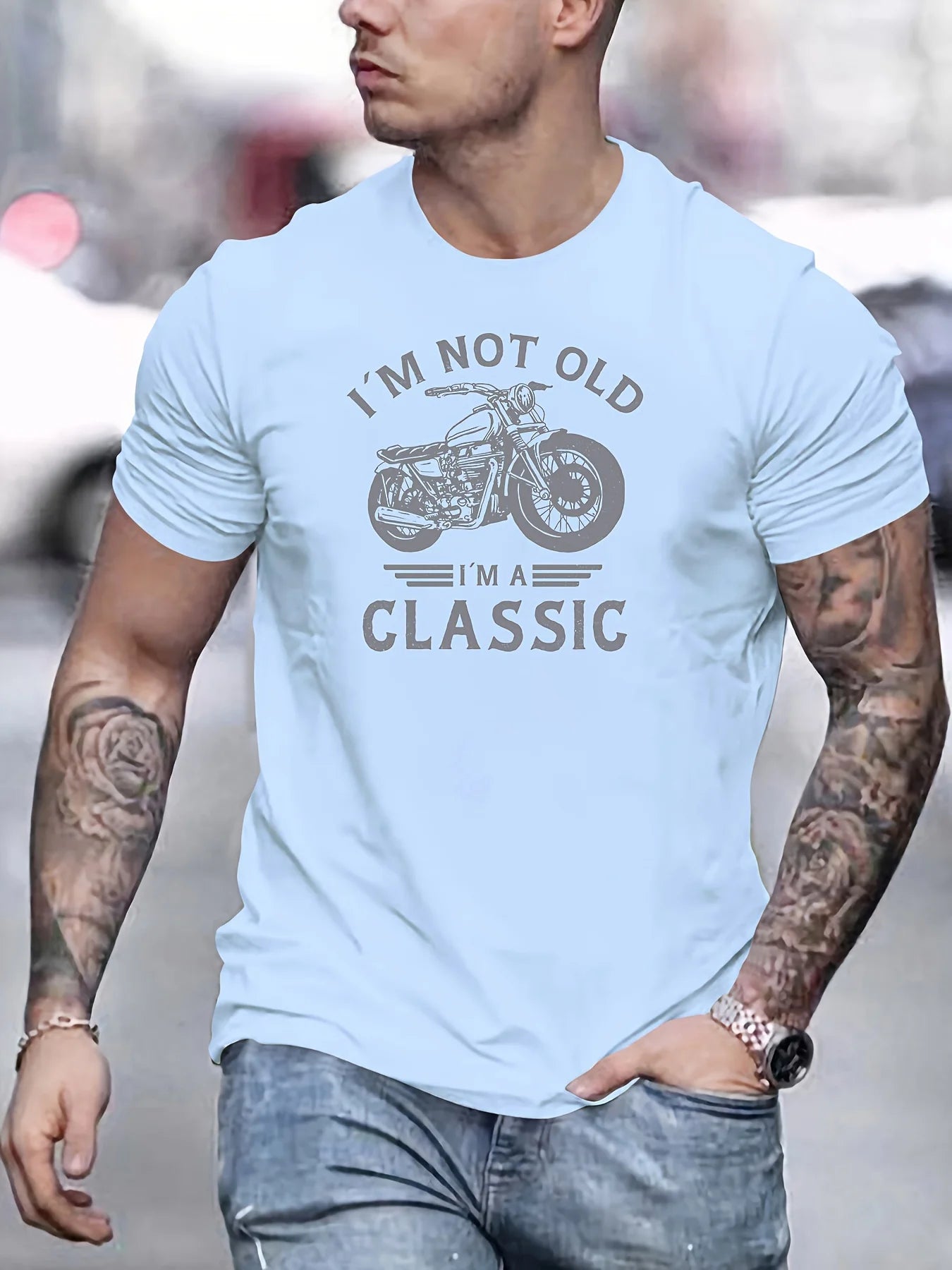 Summer men's 100% pure cotton casual loose oversized classic motorcycle creative printed round neck short sleeved T-shirt top