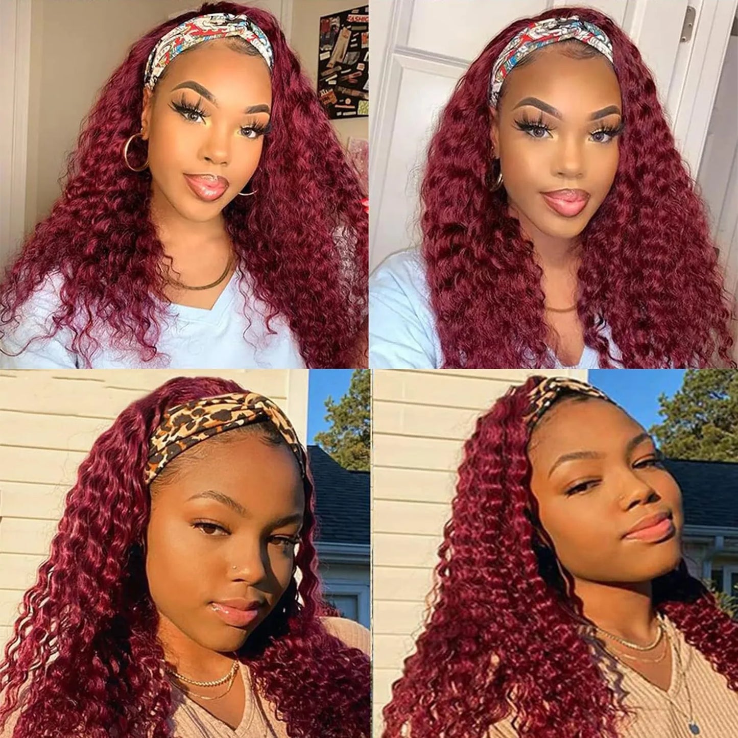 99J Burgundy Headband Wig Human Hair Deep Wave Headband Wigs Red Wine Water Wave Half Wigs Human Hair Wigs for Black Women