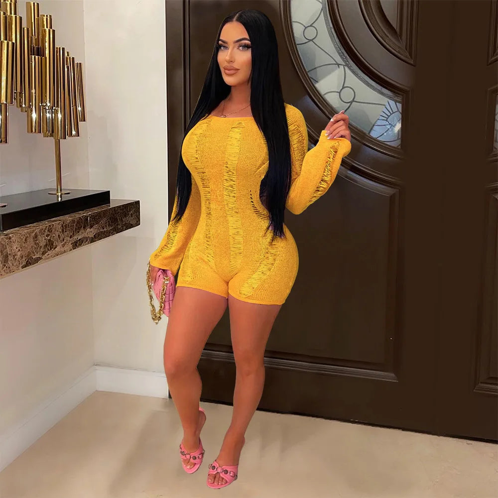 Leosoxs Rip Romper Women See Through Summer One Word Collar Backless Sexy Skinny Fitness Playsuit Activity Party Clubwear