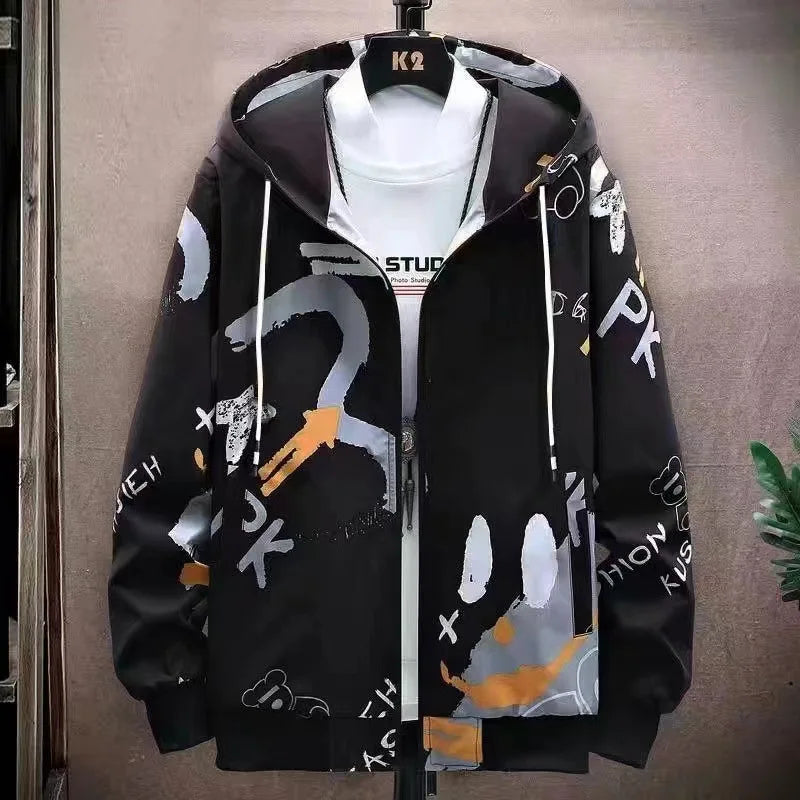 Graffiti Zipper Sweater Men's New Graffiti Hooded Jacket Versatile Loose Casual Trend Top Sunscreen Breathable Cardigan for Men