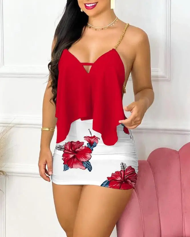 Womens Dresses 2024 Summer Fashion Floral Print Asymmetrical Chain Strap Sexy Backless V-Neck Sleeveless Bodycon Mini Dress Sets