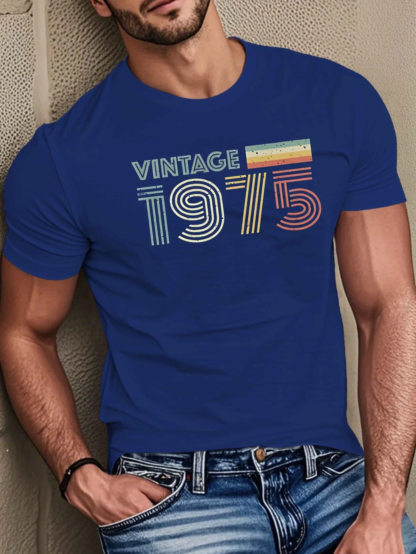 Men's summer 100% pure cotton fashionable casual loose vintage 1975 letter printed sports round neck short sleeved T-shirt top