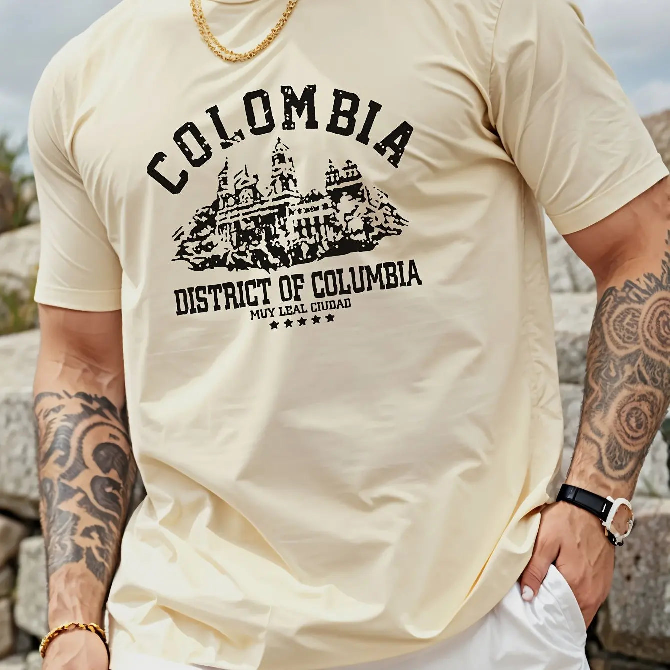 Men's summer 100% pure cotton fashionable casual loose Colombian architectural letter printed round neck short sleeved T-shirt