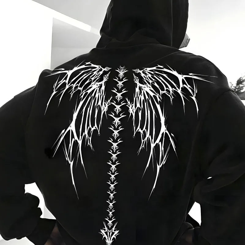 Men's black oversized hoodie with Gothic wing and spine pattern printed loose fit casual pullover suitable for streetwear Y2K