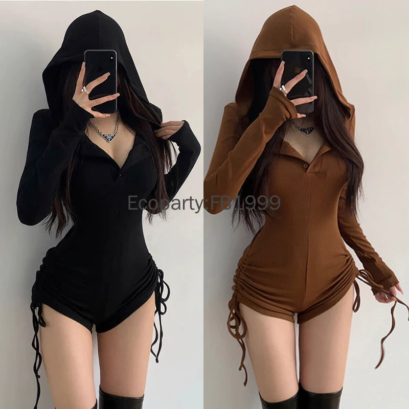 New Women Sexy Wasteland Style Hooded Rompers Spring Summer Solid Color Thin Long Sleeve Drawstring Shorts Spicy Girl Jumpsuit