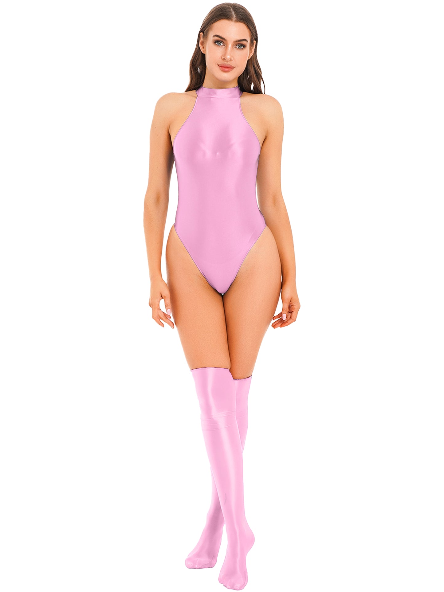 Womens Glossy Bodysuit Swimsuit Solid Color Mock Neck Sleeveless Leotard with Thigh High Stockings Swimwear Nightwear Clubwear