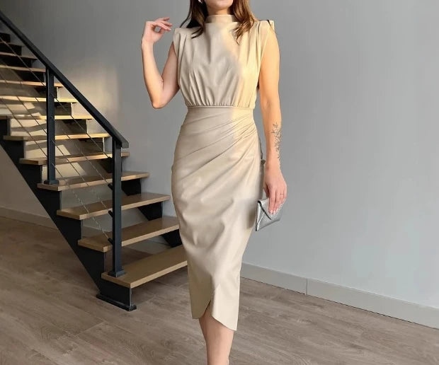 Women's Dress Elegant Party Night Clothing Contrast Lace Sleeveless Pu Leather Bodycon Dress Skinny Formal Occasion Sexy Dresses