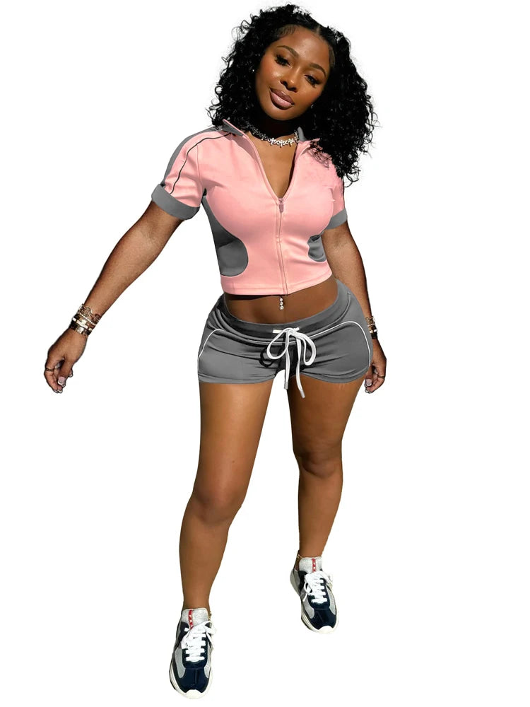 Women Sets Outfit Summer Streetwear Panelled Two Tone Slim Sports Short Sleeve Shorts Suits Zip Crop Tops Casual 2 Two Piece Set