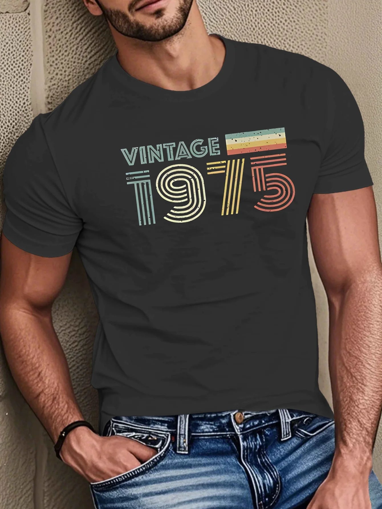 Men's summer 100% pure cotton fashionable casual loose vintage 1975 letter printed sports round neck short sleeved T-shirt top
