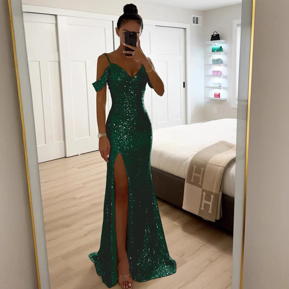 Ladies Fashion V Neck Shiny Sequin Party Dress Elegant Wrap Chest Slim Long Dress 2025 Casual Solid Color Split Evening Dresses