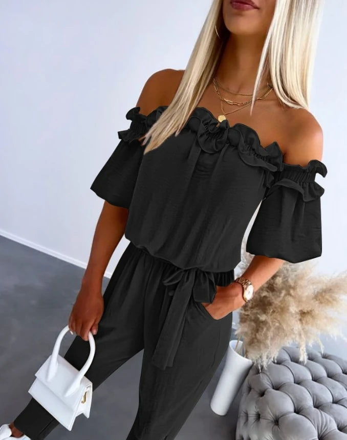 Women's Urban Style Romper Bodysuit 2025 Spring Summer Latest Sweet High Waist Off Shoulder Frill Hem Tied Detail Jumpsuit