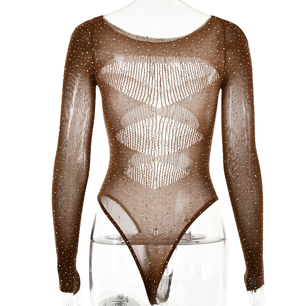Long sleeve bodysuits sexy Summer outfit body suits women y2k clothes black bodysuit knitted rhinestone body suits seethrough