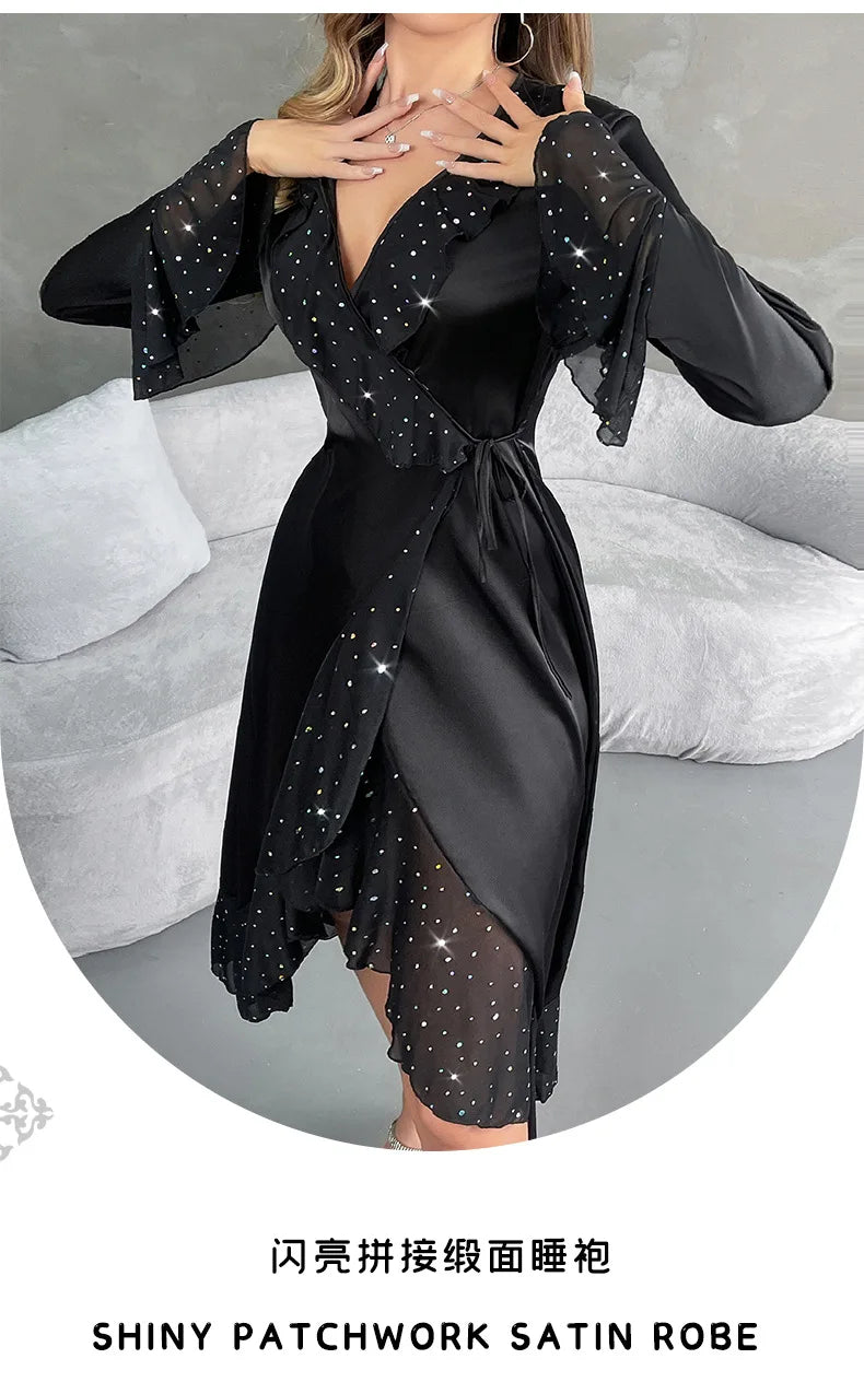 Ladies New Fashion V-neck Long-sleeved Sequined Pajamas Female Satin Nightgown Home Clothes Pijamas Women