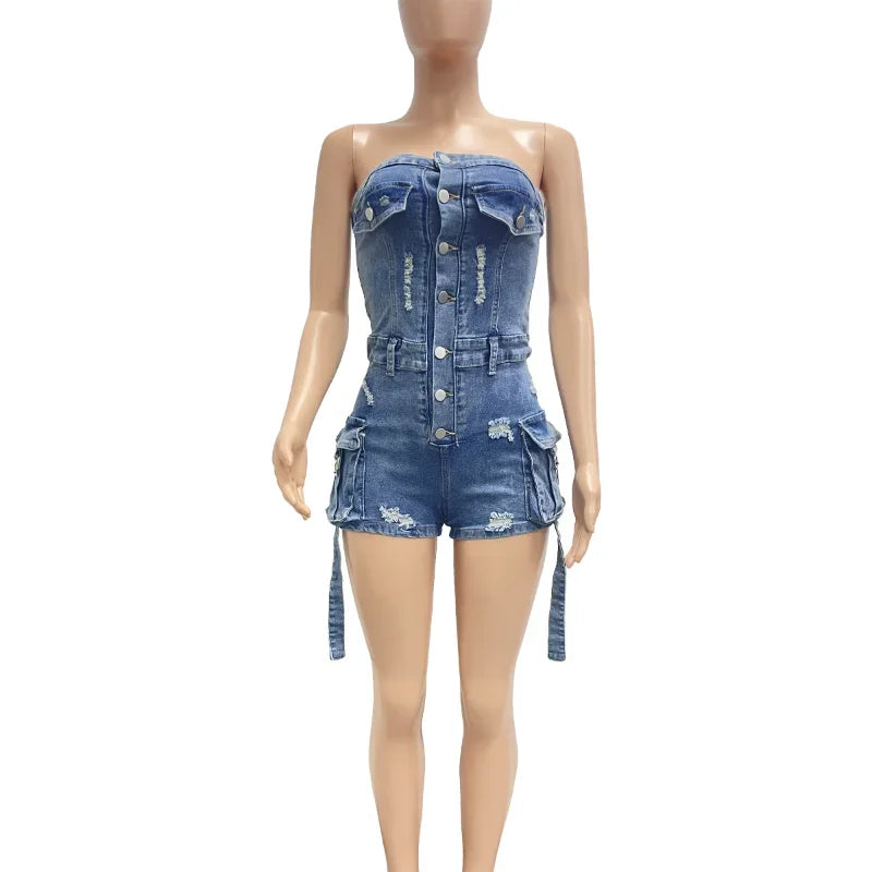 Ripped Hole Denim Romper Woman Jumpsuit Short Strapless Multi-pocket Single Breasted One Pieces Playsuit Jean Combishort Femme