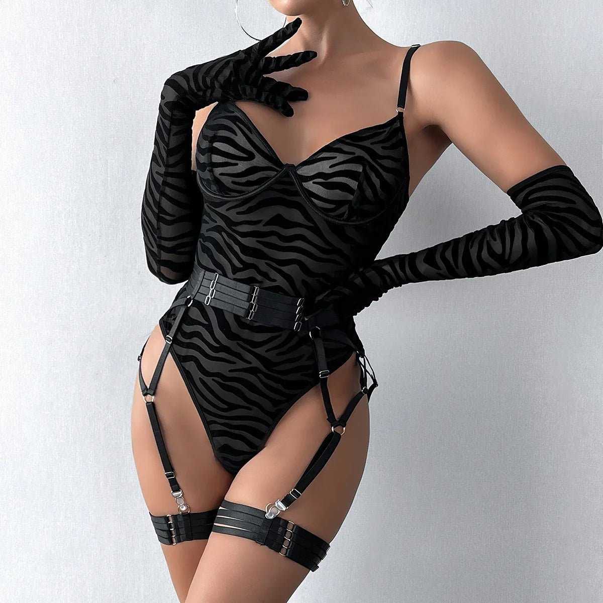 Bodysuit Sexy One-piece With Gloves Garters Mesh Women Rompers Clothing Body Suits Lace Jumpsuit Sweet Korean Women EV5W